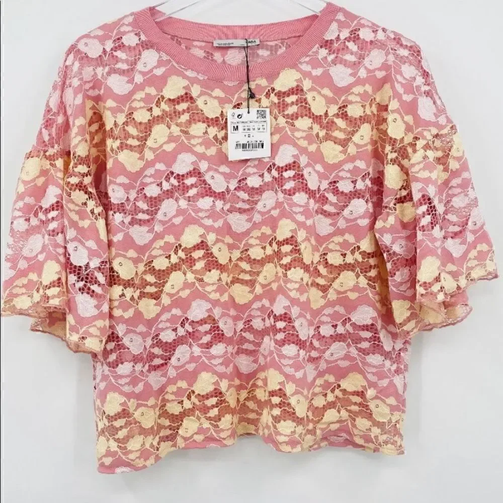 NEW Zara Size Medium Pink Lemonade Floral Lace Boxy Cropped Top